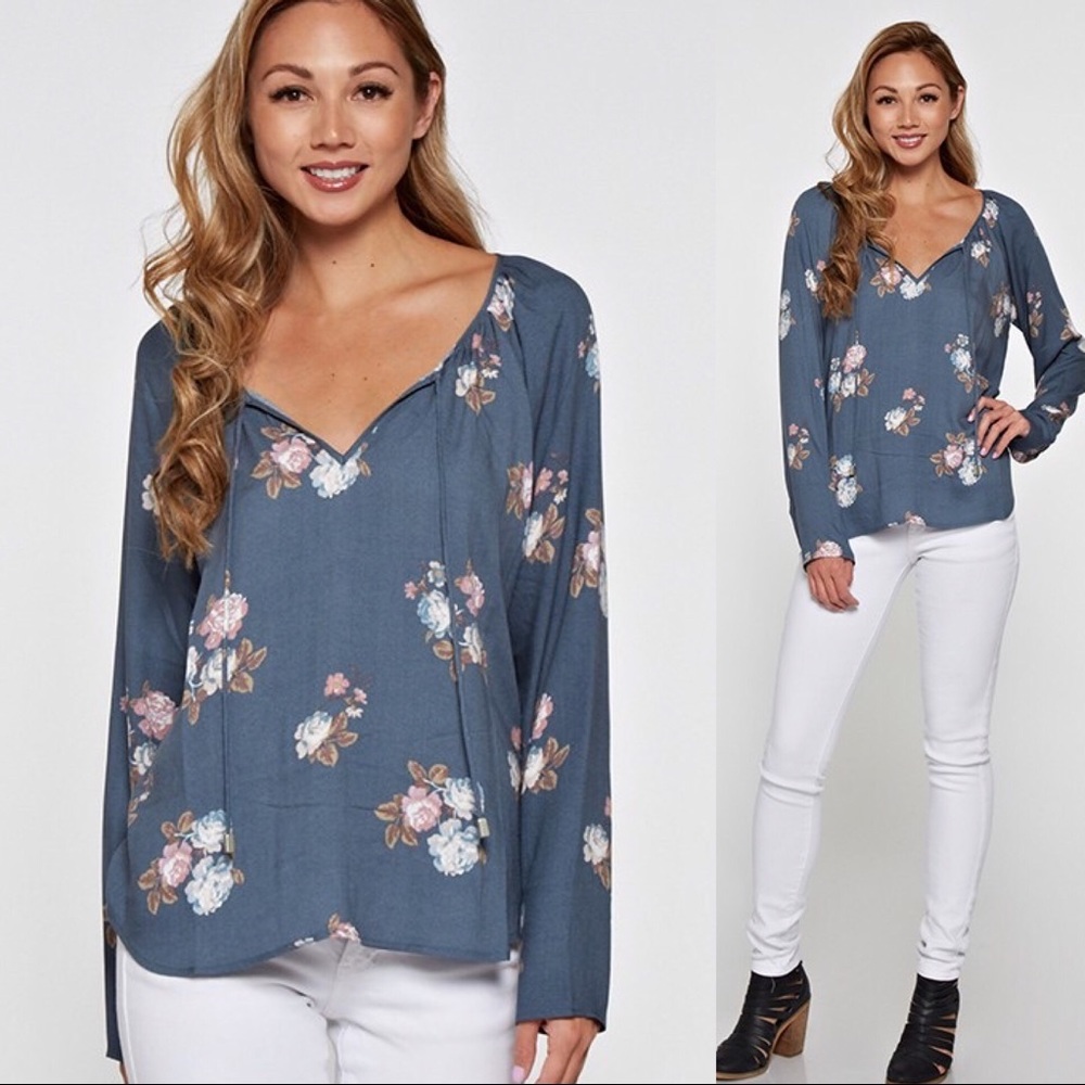 Evie Floral Printed Blue Sky Blush Blouse